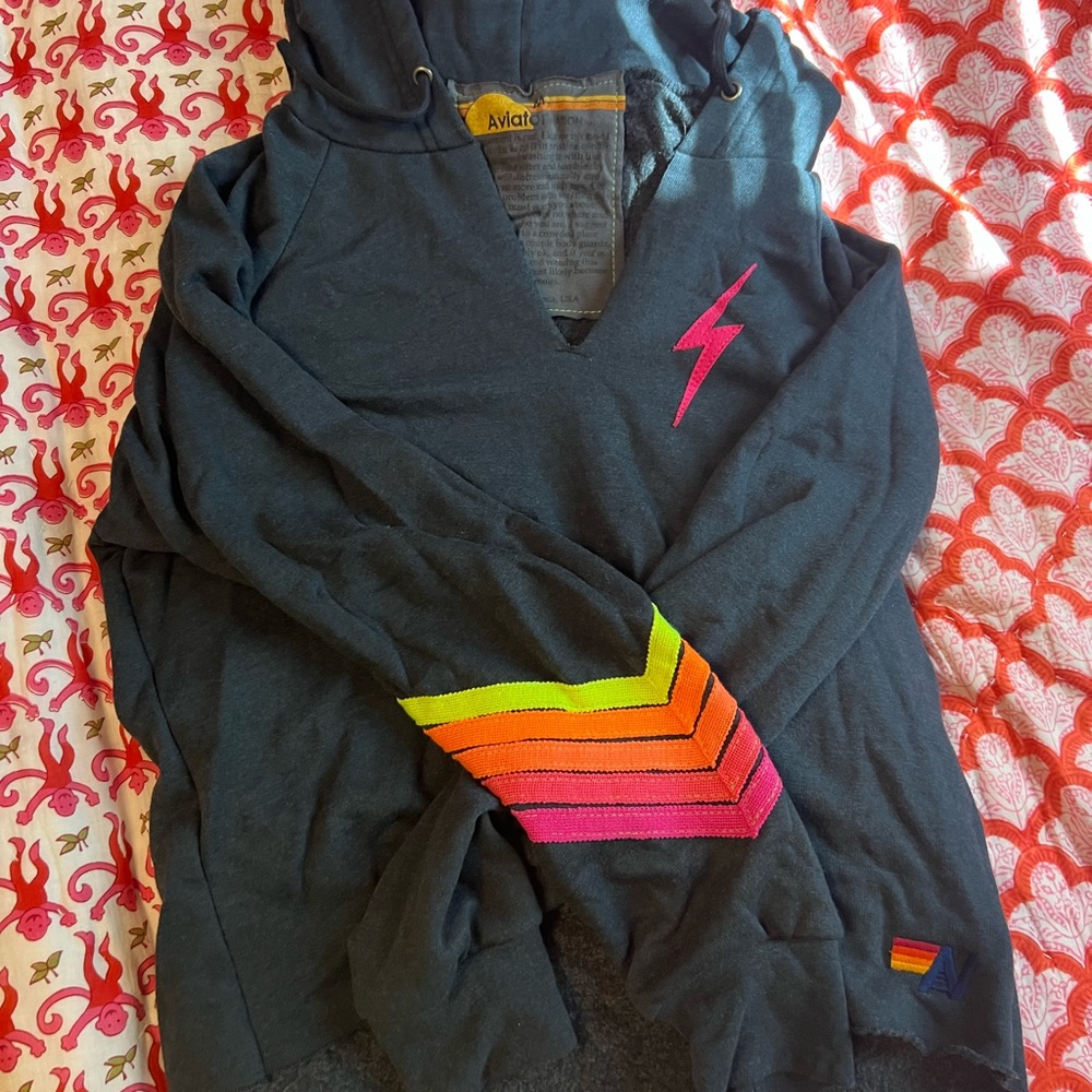 Aviator Nation: BOLT STITCH CHEVRON 5 SPLIT NECK PULLOVER CROP HOODIE